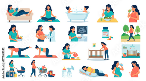 Pregnancy Care Flat Vector Illustration Set: Expectant Mother Maternity Lifestyle Icons