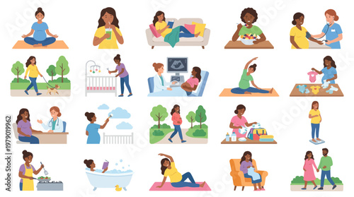 Maternity  Pregnancy Healthcare Flat Vector Illustration Set with Pregnant Women