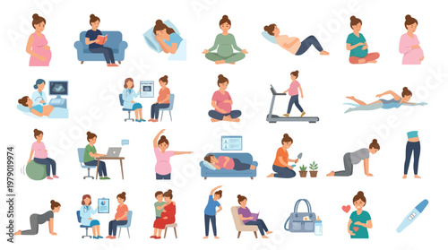 Pregnant Women Activities and Maternity Care Flat Vector Illustration Set