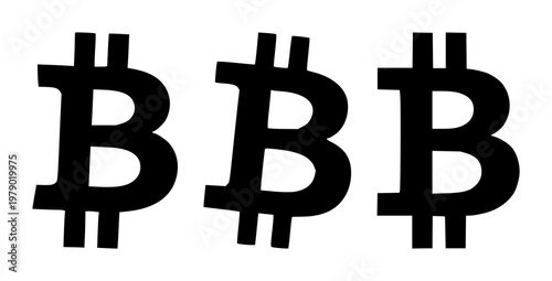 Bitcoin (BTC) currency symbol icon set with solid black color featuring a capital B with two vertical strokes, cryptocurrency, digital currency with blockchain technology and financial transactions