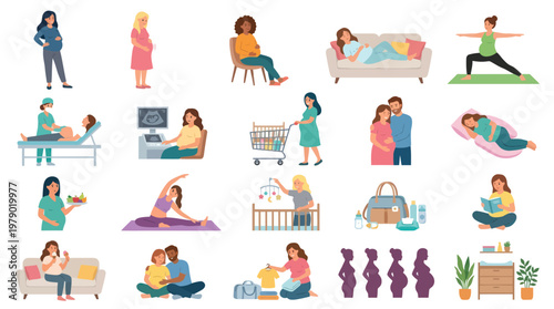 Maternity and Pregnancy Flat Illustration Set: Pregnant Women, Prenatal Care, Parenthood  Baby Essentials