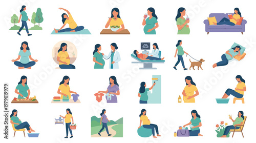 Pregnancy Maternity Flat Vector Set: Pregnant Women Daily Life, Healthcare,  Wellness