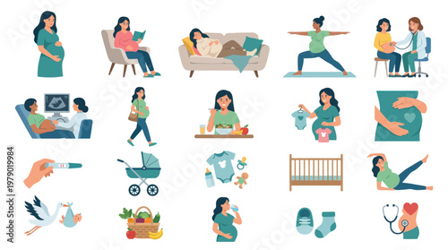Pregnancy, Maternity, Baby Care  Health Flat Vector Illustration Set