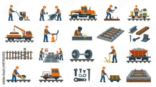 Railway Construction and Maintenance Icons Set. Flat Vector Illustration of Railroad Workers, Tracks, Tools