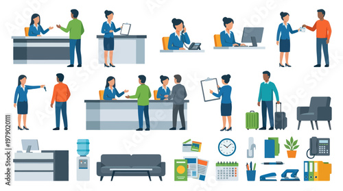 Flat Design Vector Illustration Set: Business, Office Work, Customer Service and Admin Tasks