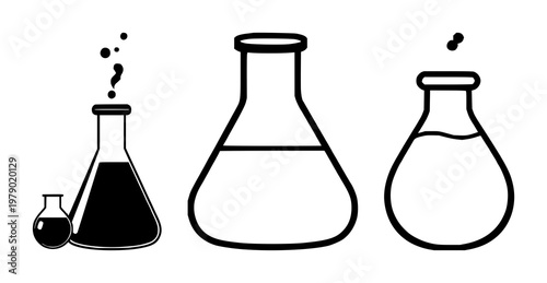 Lab beaker set with solid black icon on white background featuring chemical symbols, liquid, graduation marks with flask and solution