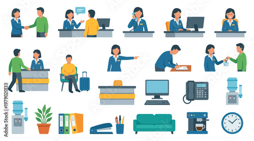 Flat Design Customer Service and Office Work Vector Illustrations Set