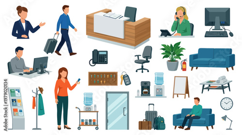 Hospitality Hotel Business Flat Illustration Set with Staff, Guests  Reception Interior Elements