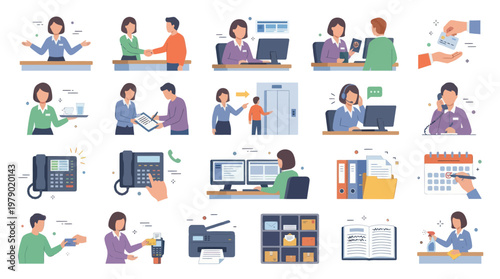 Flat Vector Illustration Set of Office Administration and Customer Service Operations