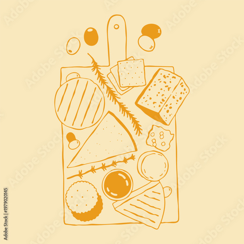 Hand drawn vector illustration of a wooden board with various cheese types crackers and olives. Minimalist doodle graphic of a gourmet snack platter for restaurant menu or food design.