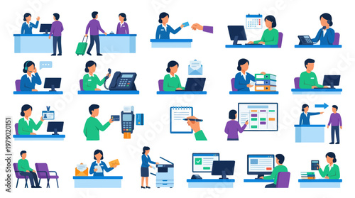 Office Work Flat Vector Illustration Set: Administrators, Receptionists  Customer Service Tasks