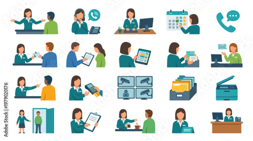 Flat Design Icons: Office Administration, Customer Service, Business Operations, Receptionists