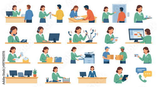 Business Office Administration  Customer Service Flat Vector Illustration Set