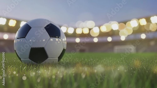 Soccer Ball on Grass in a Large Stadium with Bright Lights at Sunset - World Cup 2026 Concept