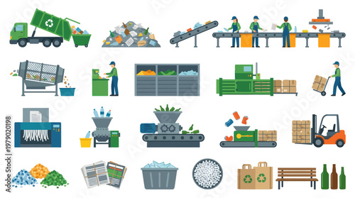 Recycling and Waste Management Plant Process Flat Vector Icons Set