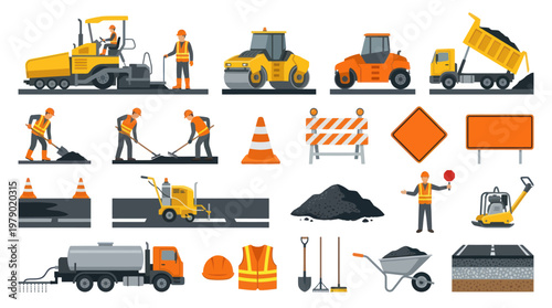 Road Construction Flat Vector Set: Workers, Heavy Equipment, Tools, and Safety Signs