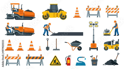 Flat Road Construction Icons Set. Building Equipment, Vehicles, Safety, Workers