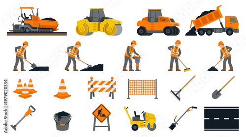 Road Construction Flat Vector Set: Vehicles, Workers, and Tools