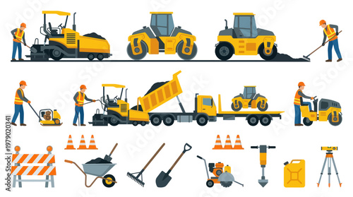 Road Construction Heavy Machinery and Tools Flat Vector Illustration Set