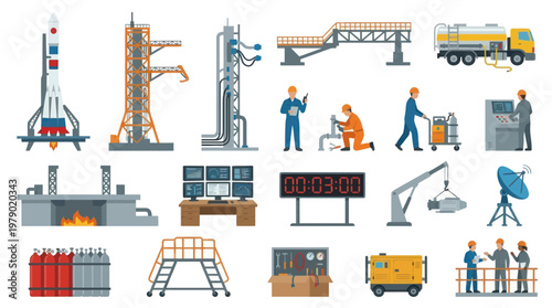 Space Rocket Launch Operations Flat Vector Icons Set: Aerospace Engineering  Industrial Equipment