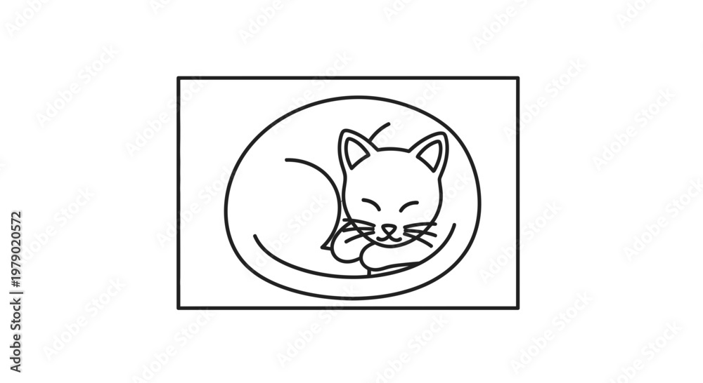 Obraz premium Cute Cat Sleeping Curled Up, Simple Line Art Illustration, Cozy Pet Icon