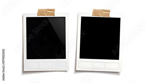 Two blank instant photographs are affixed to a white surface with brown tape, creating a simple and nostalgic composition.