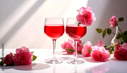Two elegant wine glasses filled with vibrant red liquid are gracefully arranged on a pristine white surface, adorned with delicate pink roses and bathed in soft, natural light.