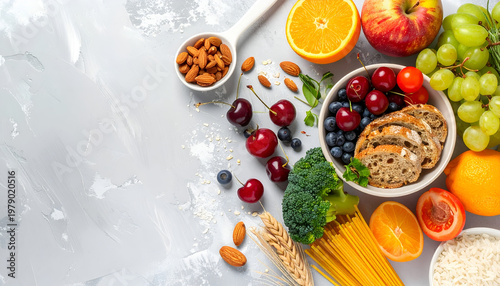 A vibrant flat lay showcases a diverse assortment of fresh fruits, vegetables, nuts, grains, and bread, representing a healthy and balanced diet.