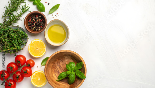 A flat lay composition showcases fresh ingredients like rosemary, thyme, basil, tomatoes, lemon, olive oil, and pepper, arranged on a white surface, suggesting a culinary theme.