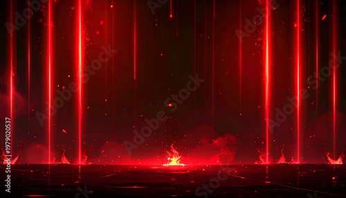 A dramatic digital artwork depicts vertical red beams of light descending onto a dark, textured surface with fiery accents, creating a visually striking and abstract scene.