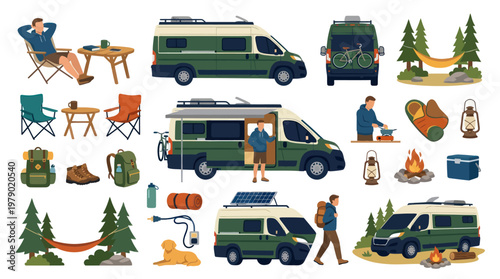 Van Life and Camping Outdoor Recreation Flat Illustration Set with Camper Vans, People, and Gear