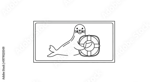 Cute cartoon seal holding a lifebuoy, simple line art, isolated on white background