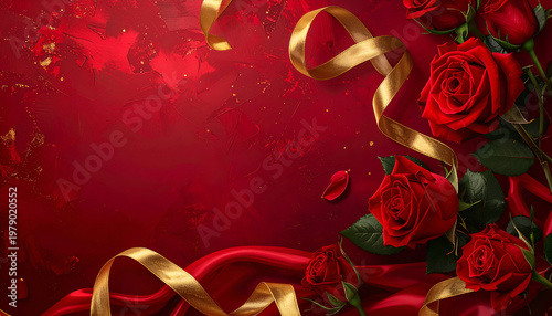 A vibrant and romantic composition showcases a cluster of deep red roses elegantly intertwined with shimmering gold ribbons against a rich, textured red background.