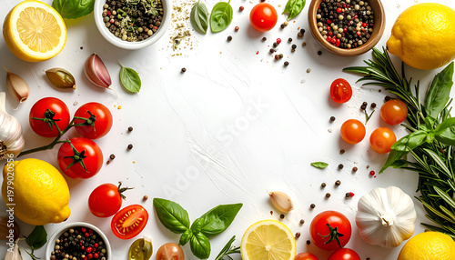 A vibrant flat lay composition showcases fresh ingredients like tomatoes, lemons, garlic, basil, and peppercorns arranged artfully on a white textured surface, evoking a culinary theme.