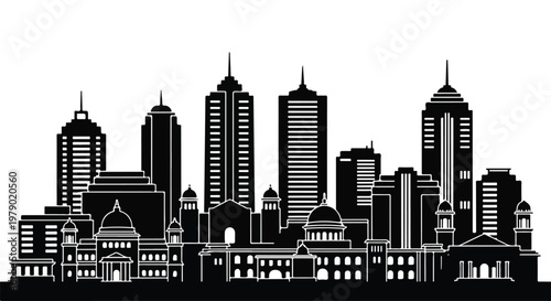 Black and white cityscape silhouette with various skyscrapers and buildings against a plain white background.