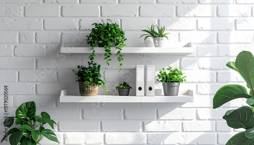 A bright and airy interior scene showcases a collection of potted plants arranged on white shelves against a textured white brick wall, bathed in natural light.