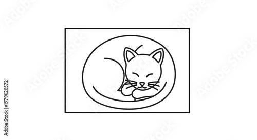 Cute Cat Sleeping Curled Up, Simple Line Art Illustration, Cozy Pet Icon