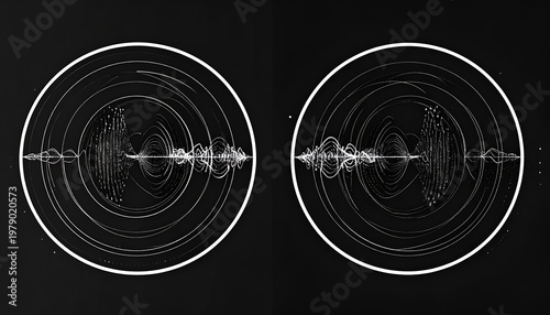 A striking black and white image features two circular diagrams filled with intricate, swirling lines and patterns against a stark black background, creating a sense of mystery and complexity.