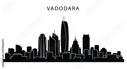 Black silhouette of a city skyline with skyscrapers and buildings against a white background, labeled Vadodara.