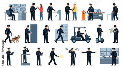 Flat Design Security Guard Illustrations for Protection, Surveillance, and Access Control