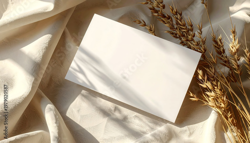 A blank white card rests upon flowing linen fabric, adorned with golden wheat stalks bathed in soft, natural light, creating a serene and rustic composition.