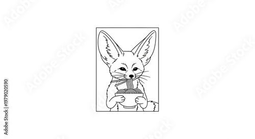 Cute Fennec Fox Eating Noodles from Bowl, Line Art Illustration