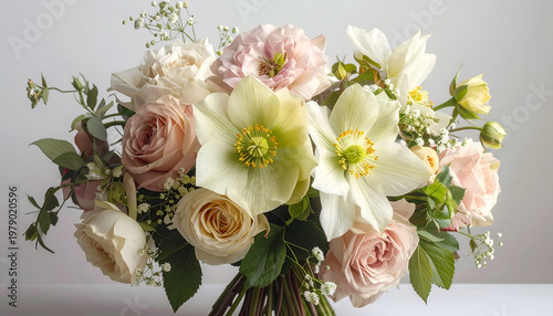 A beautifully arranged bouquet of roses, hellebores, and delicate greenery creates a serene and elegant floral display.