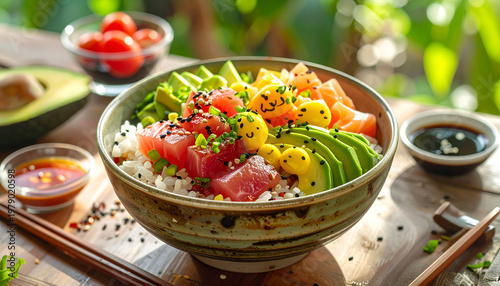 A vibrant and appetizing close-up showcases a beautifully arranged poke bowl filled with fresh salmon, avocado, and other colorful ingredients, presented on a rustic wooden table.