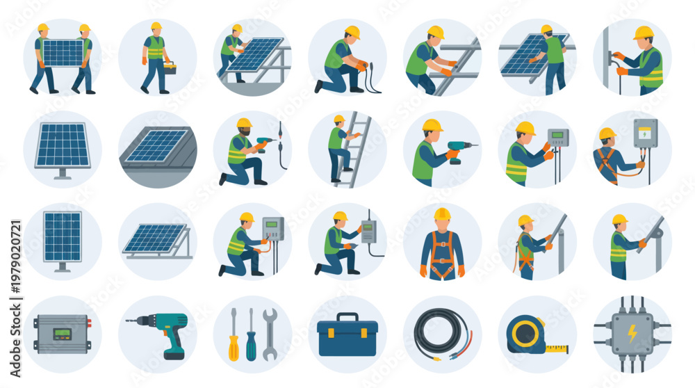 Fototapeta premium Flat Vector Icon Set: Solar Panel Installation, Renewable Energy Workers, and Equipment
