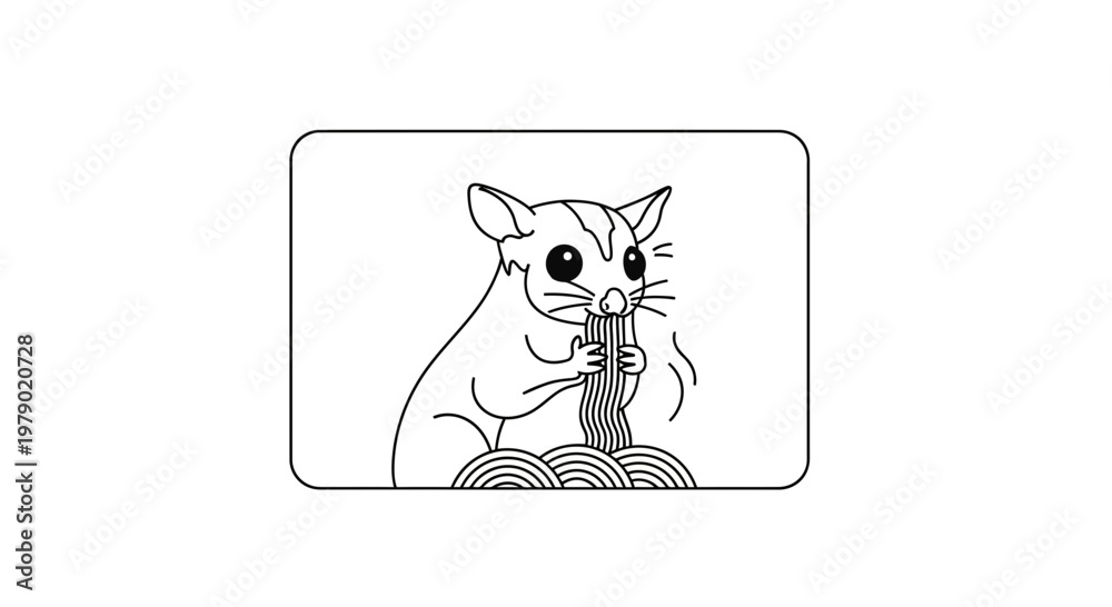 Fototapeta premium Cute Sugar Glider Eating Spaghetti Noodles in Line Art Style