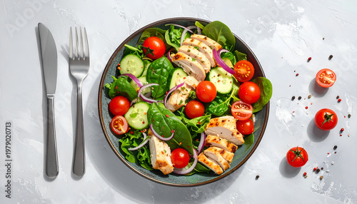 A vibrant overhead shot showcases a healthy chicken salad with fresh vegetables and a minimalist setting, highlighting the ingredients' textures and colors.