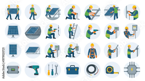 Flat Vector Icon Set: Solar Panel Installation, Renewable Energy Workers, and Equipment