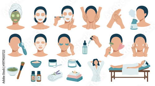 Beauty Skincare Spa Routine Flat Vector Illustration Set: Treatments, Masks  Wellness