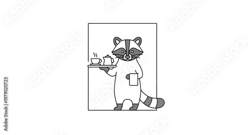 Cute Raccoon Waiter Serving Tea on Tray, Cartoon Character, Whimsical Animal Illustration